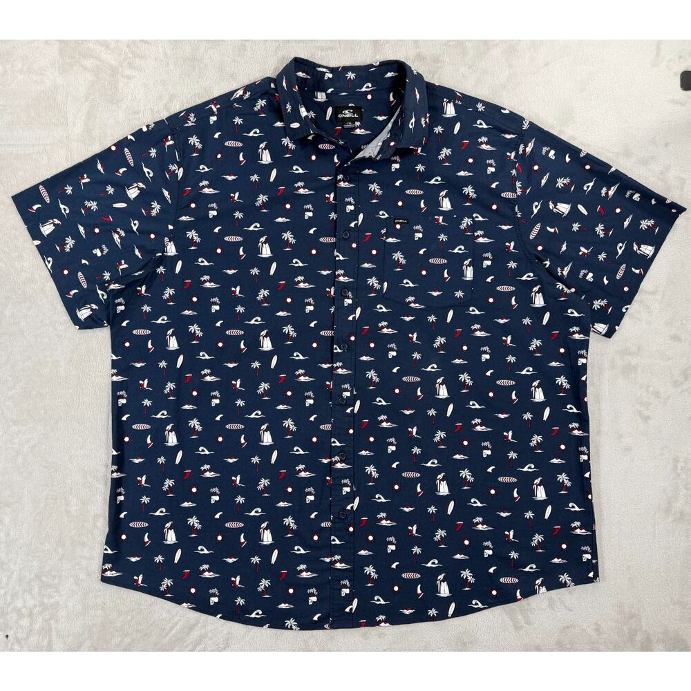 O’Neill Men’s 2XL Blue Hawaiian Surf Print Button Up Shirt Standard Fit Beach‎